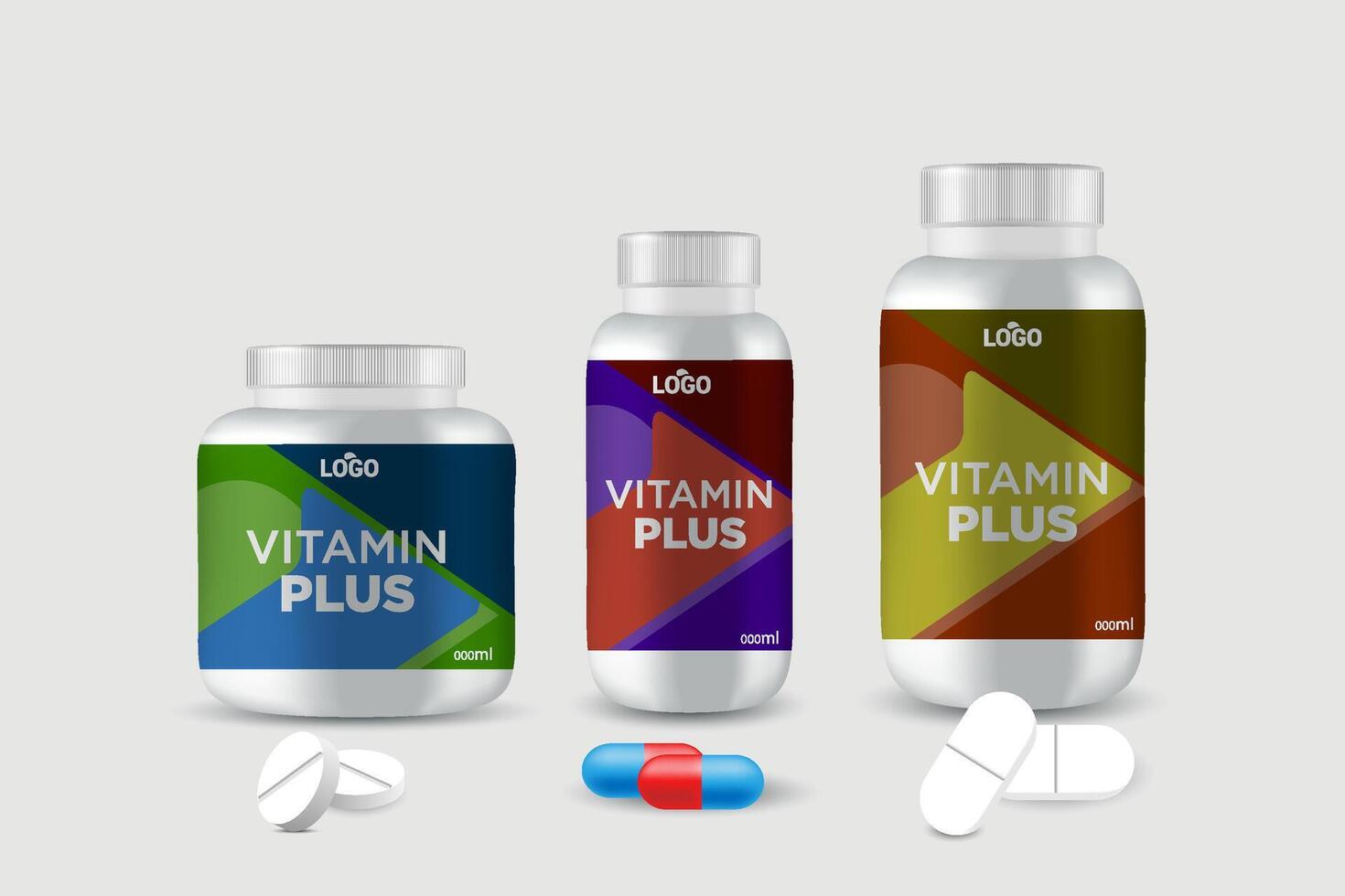 Multi vitamin label sticker design and natural calcium food supplement bottle packaging, capsule or tablet bottle jar label vitamin oil product print ready vector eps 10.
