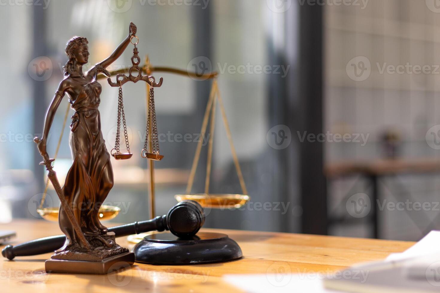 statue of god Themis Lady Justice is used as symbol of justice within law firm demonstrate truthfulness of facts and power to judge without prejudice. hemis Lady Justice symbol of honesty and justice. photo