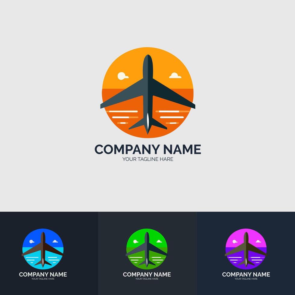 A black airplane logo within a circle with a sunset and ocean below it. The logo is repeated below in blue, green, and purple variations. vector