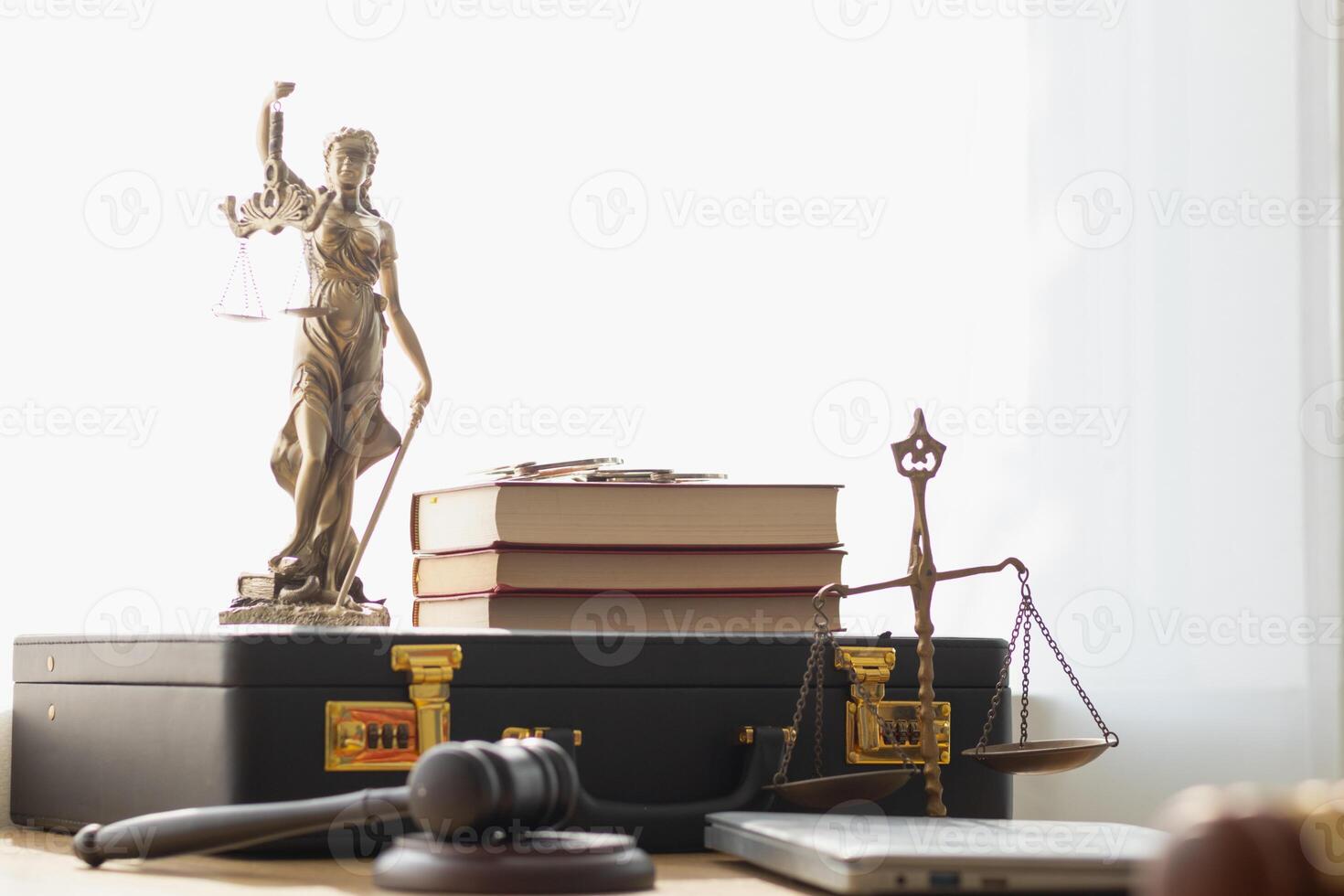 statue of god Themis Lady Justice is used as symbol of justice within law firm demonstrate truthfulness of facts and power to judge without prejudice. hemis Lady Justice symbol of honesty and justice. photo