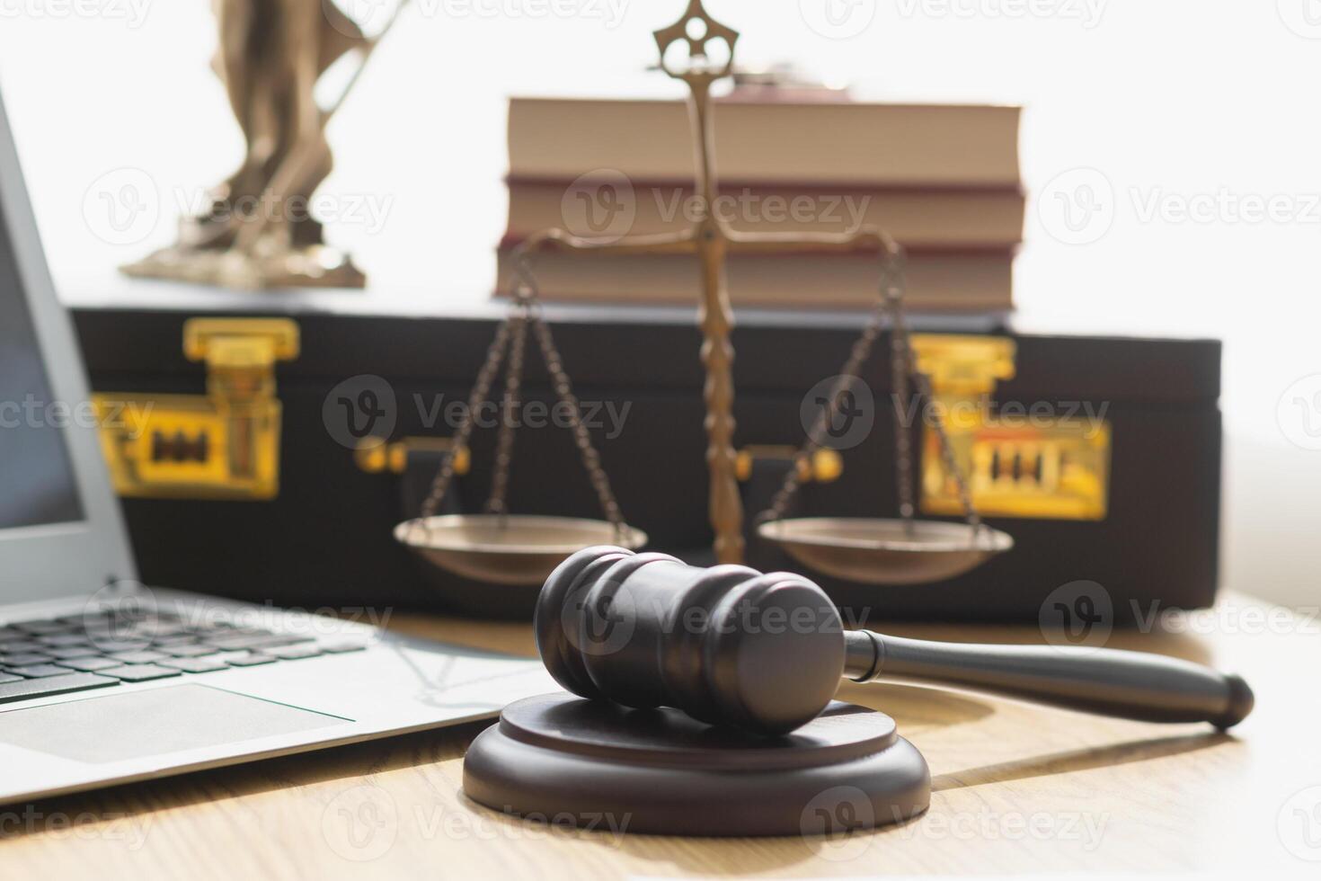 A judge gavel is prepared in the courtroom to be used to give a signal when the verdict is read after the trial is completed. Concept judge gavel is prepared to symbolize the decision in a court case. photo