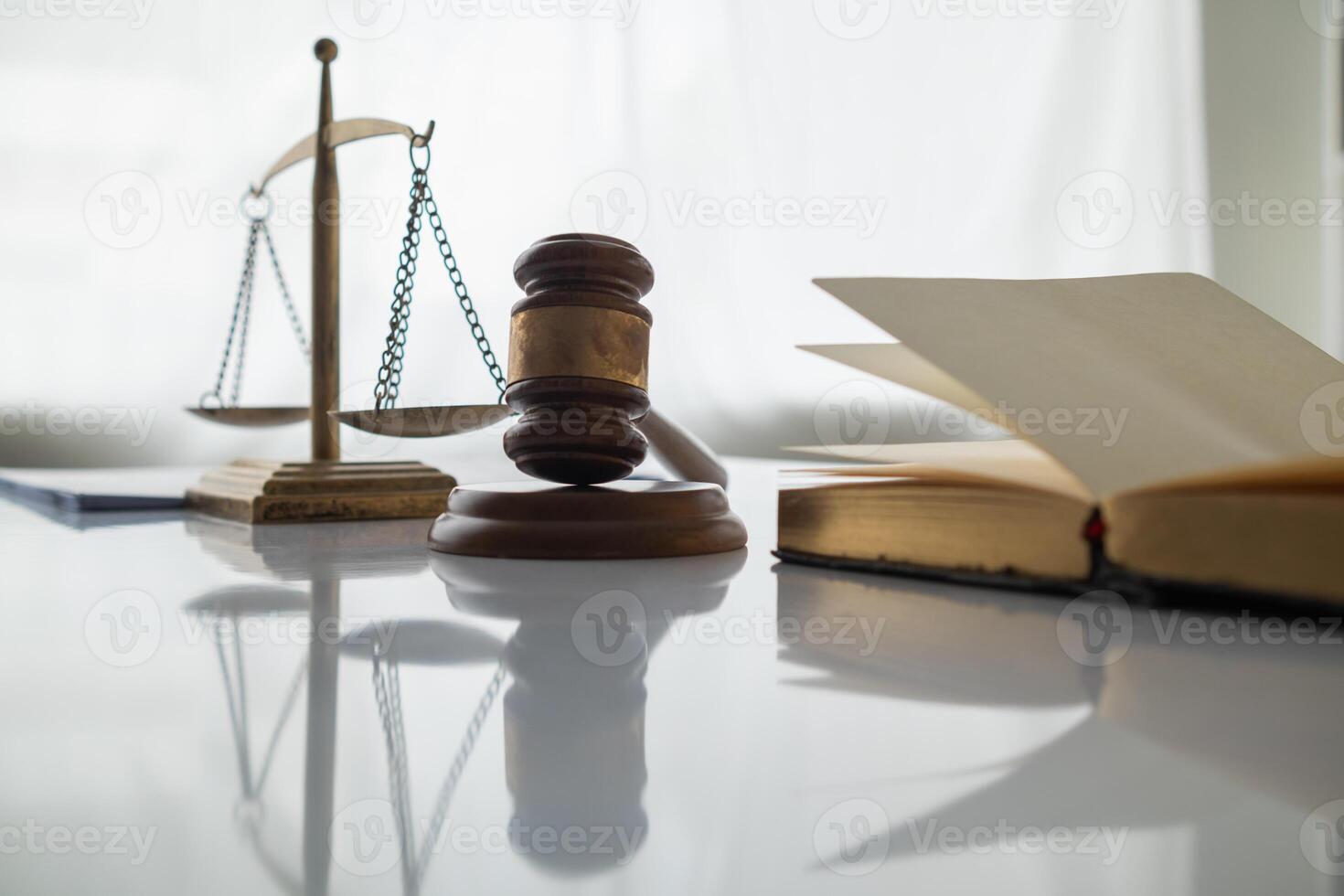 A judge gavel is prepared in the courtroom to be used to give a signal when the verdict is read after the trial is completed. Concept judge gavel is prepared to symbolize the decision in a court case. photo