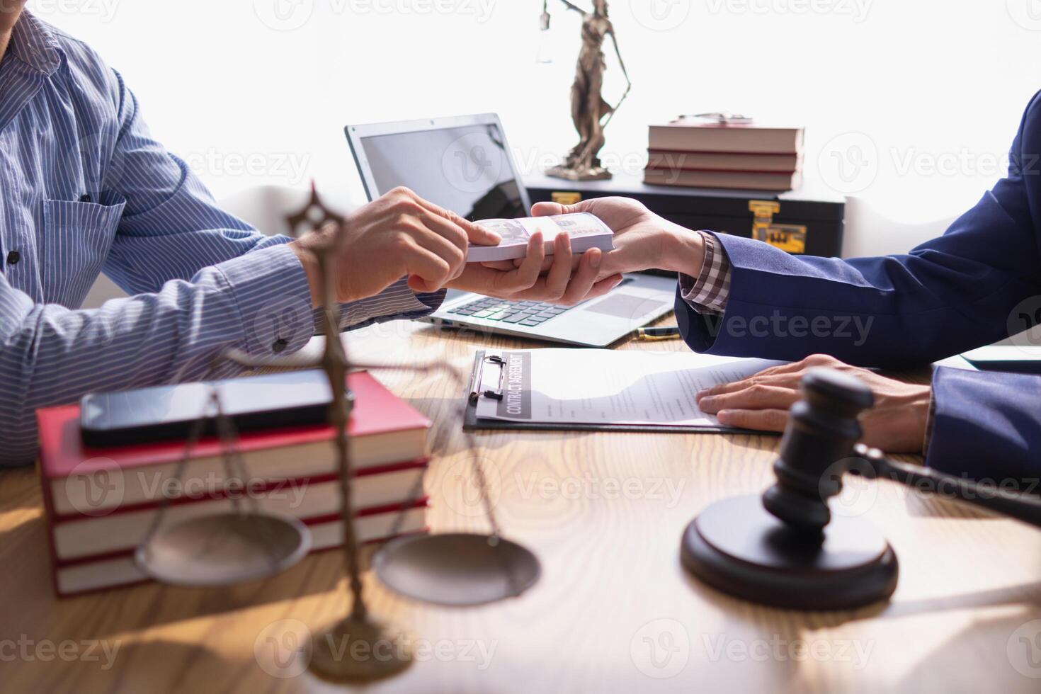 The concept of defendants in serious cases bribing officials involved in court decisions to change the course of case by giving bribes to facilitate the Lawyer team and prosecutors. bribery concept photo