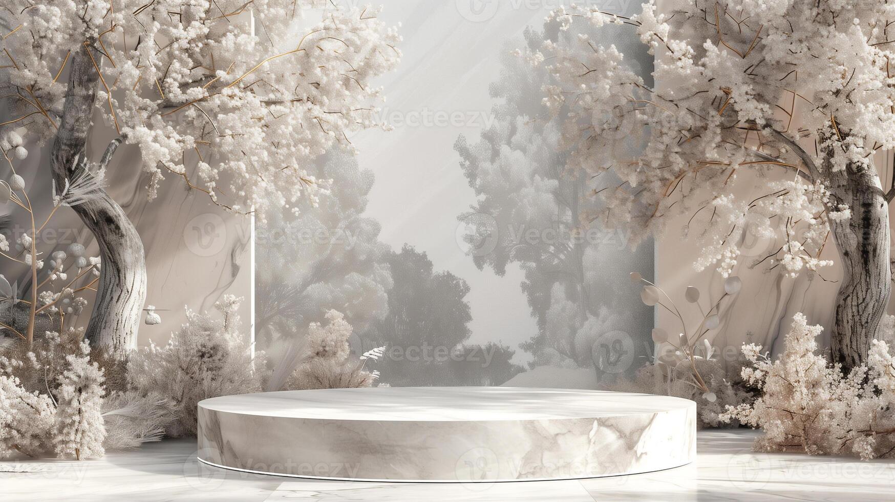 AI generated Marble Rock podium for product showcase with Fantasy natural scene . photo