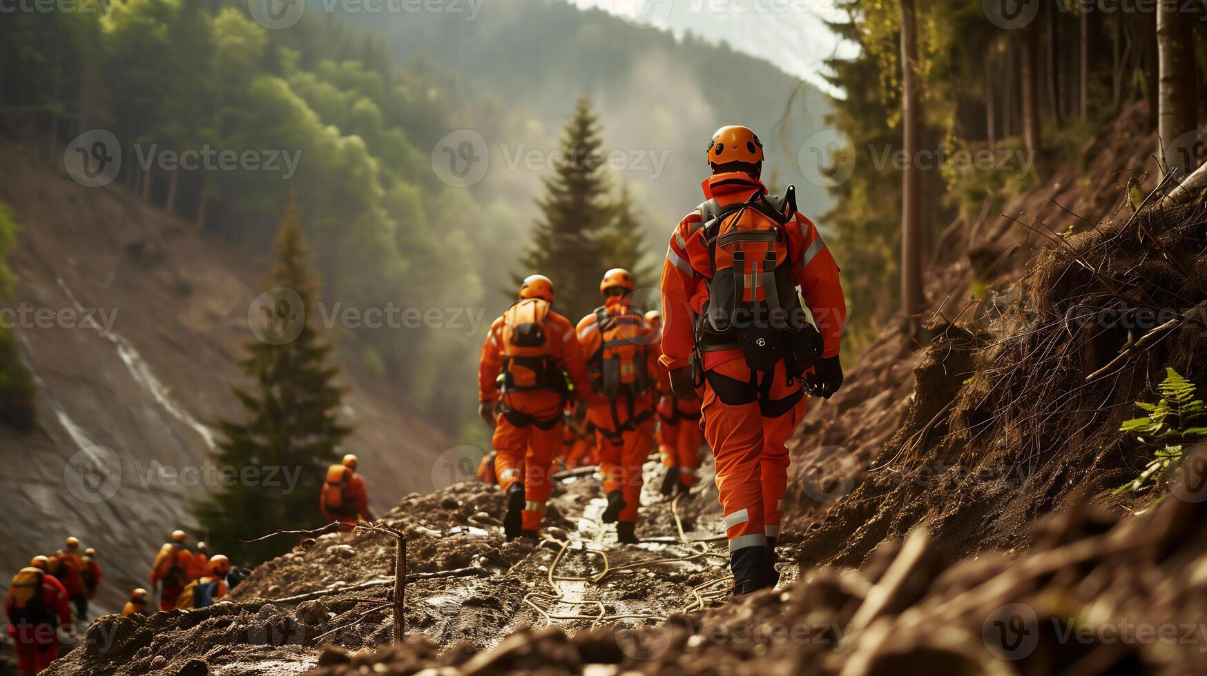 ai generado rescate equipo en rescate operación desde deslizamiento de tierra situación .buscando para desaparecido persona ,ayuda lesionado personas . foto