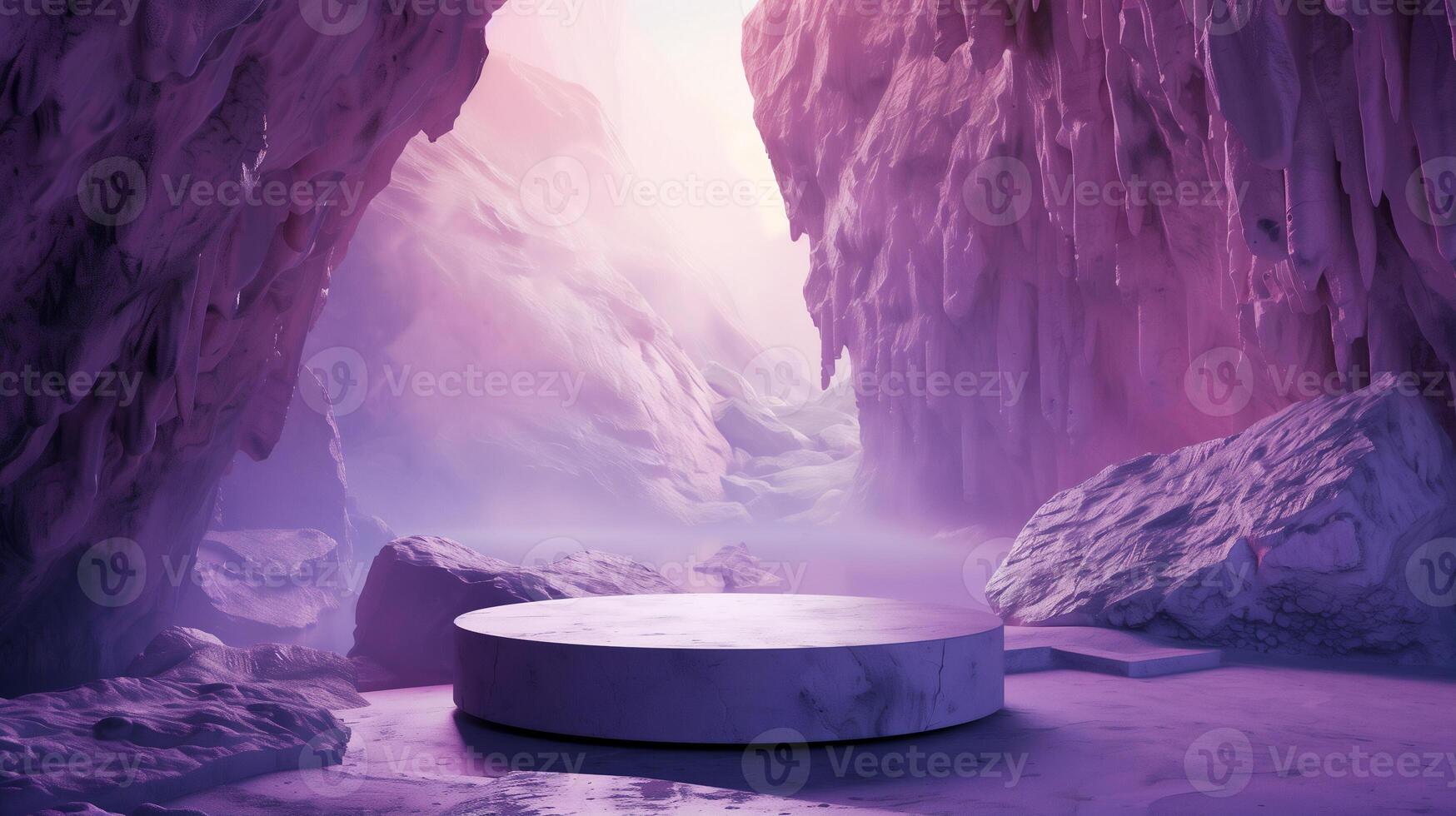 AI generated Fantasy purple and pink cave scene with podium for product showcase . photo