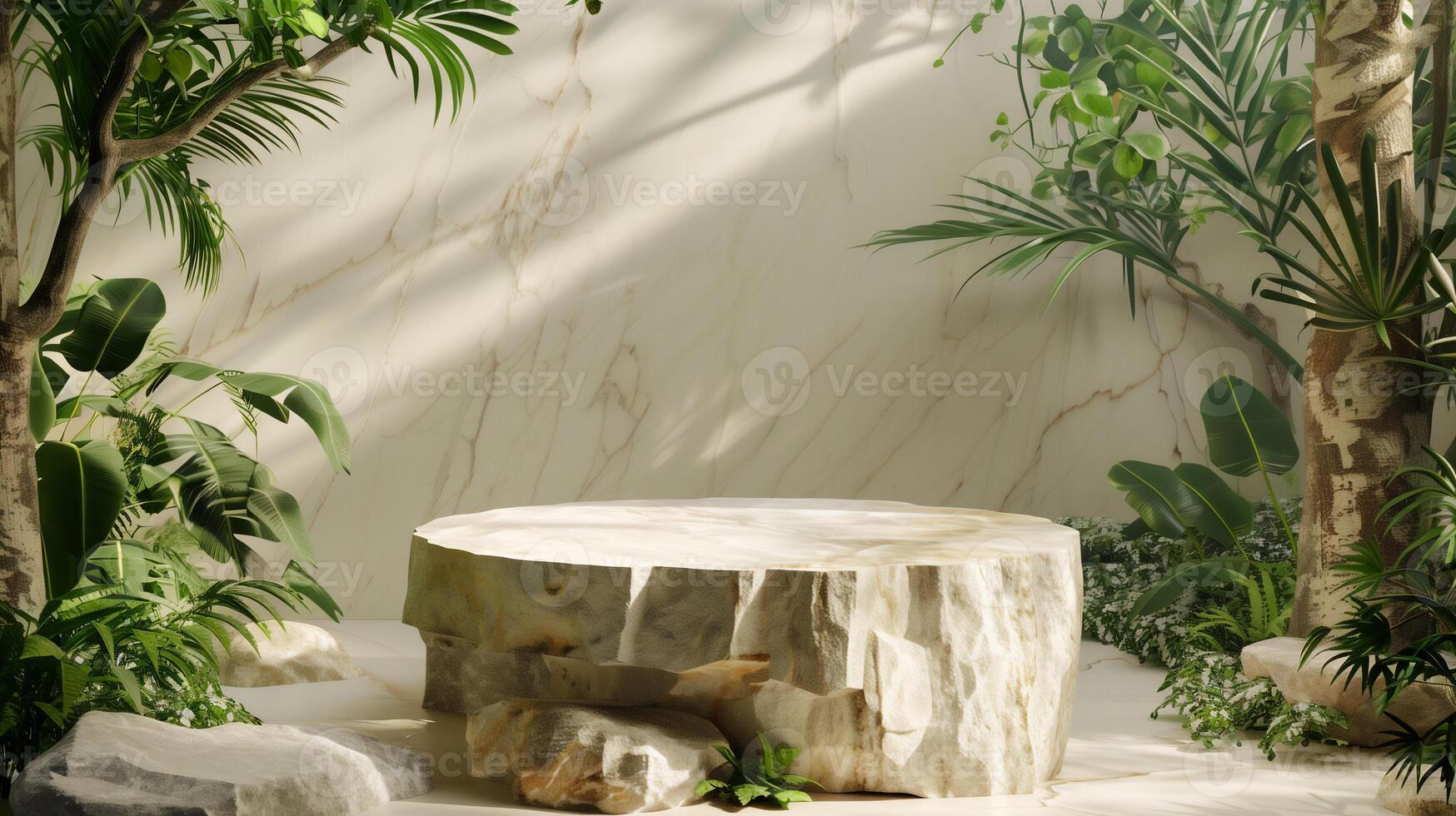 AI generated Marble Rock podium for product showcase with Fantasy natural scene . photo