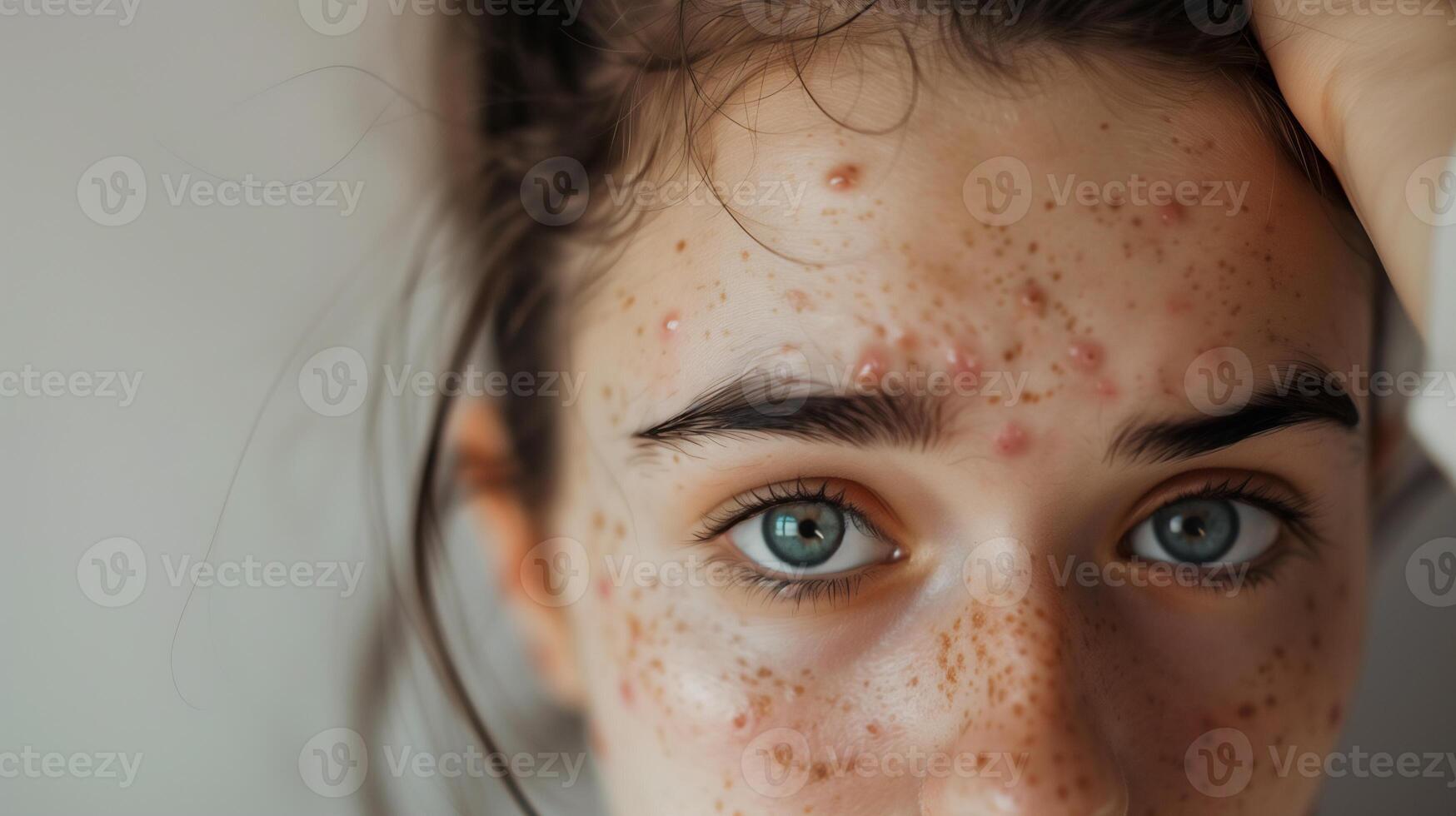 ai generado Adolescente niña tener acné problema , facial piel problemas . foto