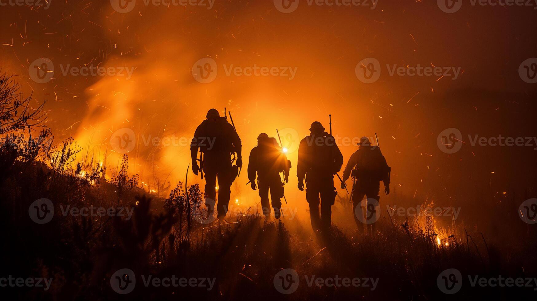 AI generated wildfire rescue team and firefighter in rescue operation .Searching for missing person ,help injured people . photo