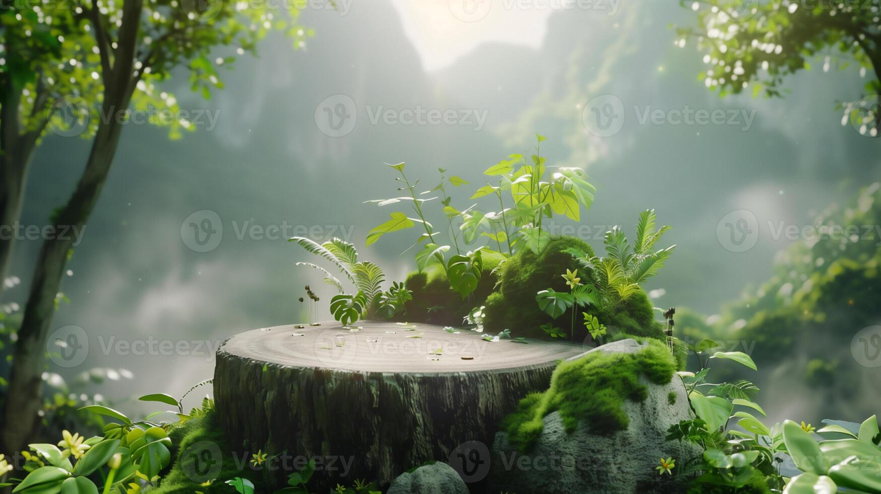 AI generated Rock podium for product showcase with Fantasy natural scene . photo