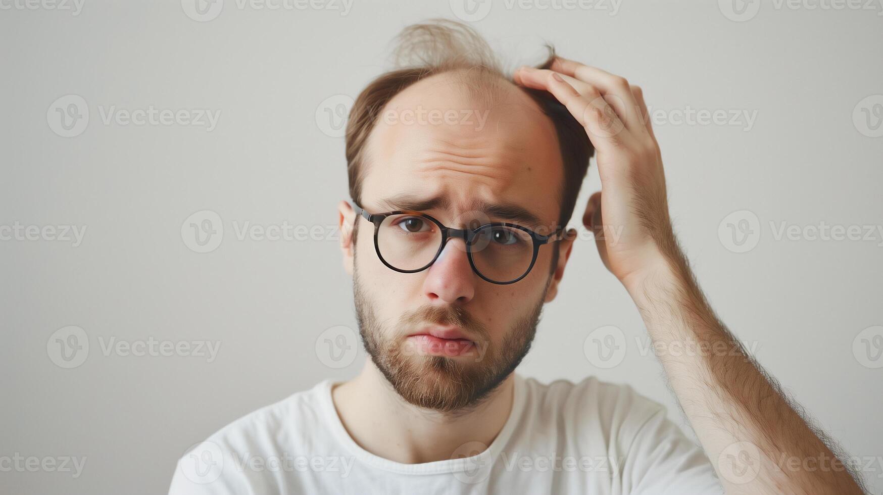 AI generated Hair loss man studio shot , stressed man , bald man . photo