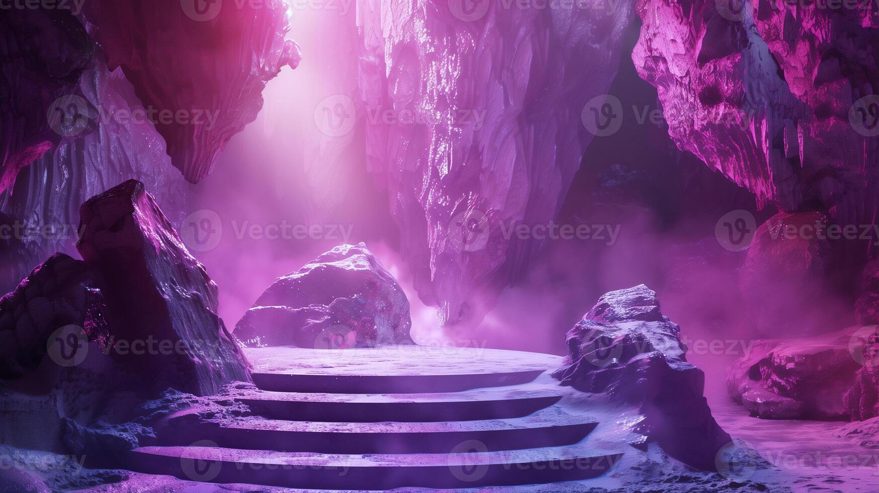 AI generated Fantasy purple and pink cave scene with podium for product showcase . photo