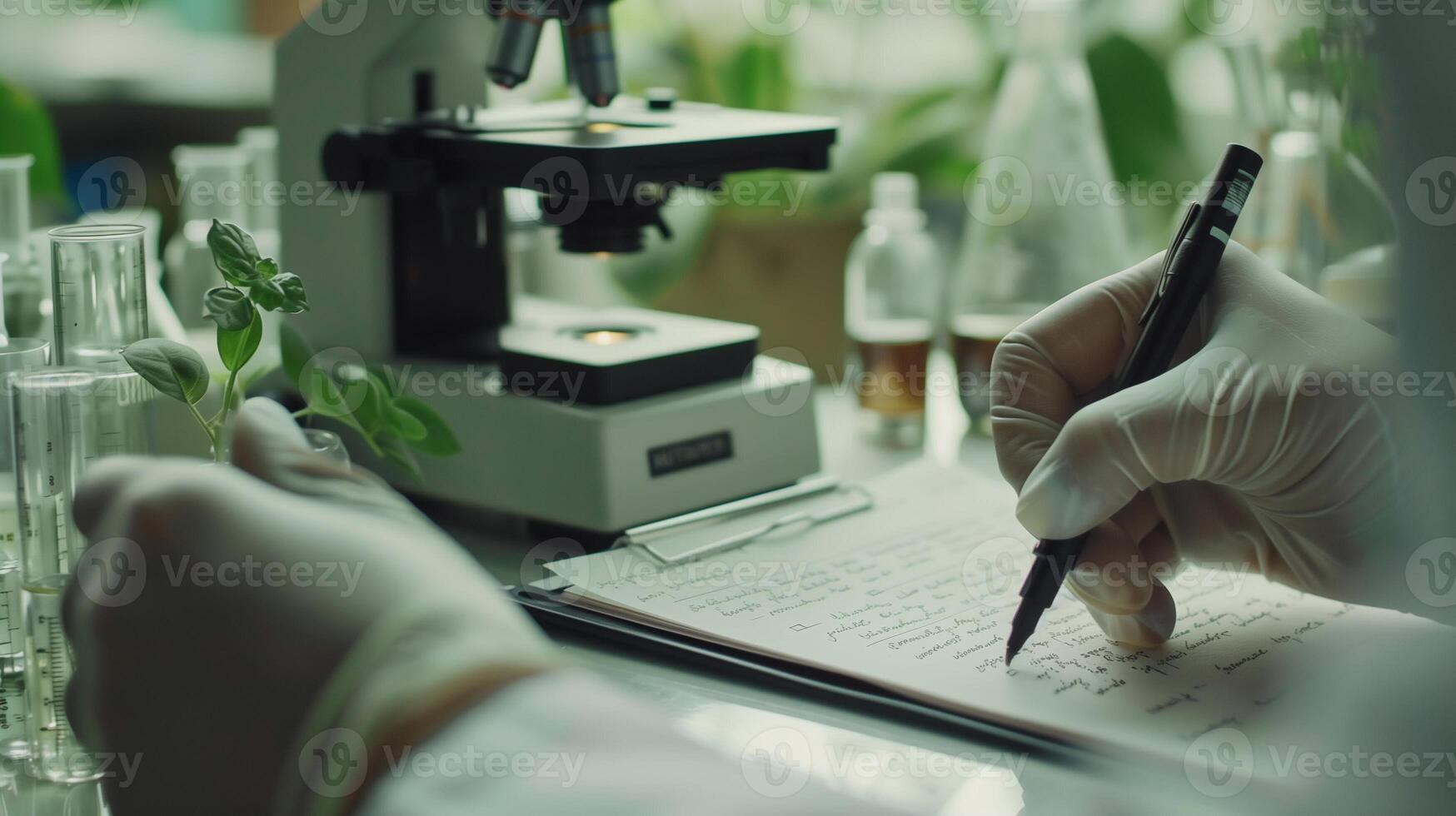 ai generado científico investigando en laboratorio ,científico grabar resultado de experimentar acerca de planta establecido proteína , alternativa fuente de comida . foto