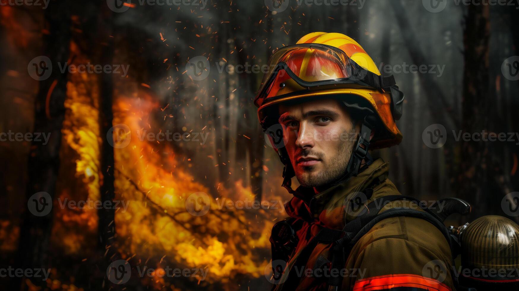 AI generated portrait of Firefighter with wildfire disaster on background . photo