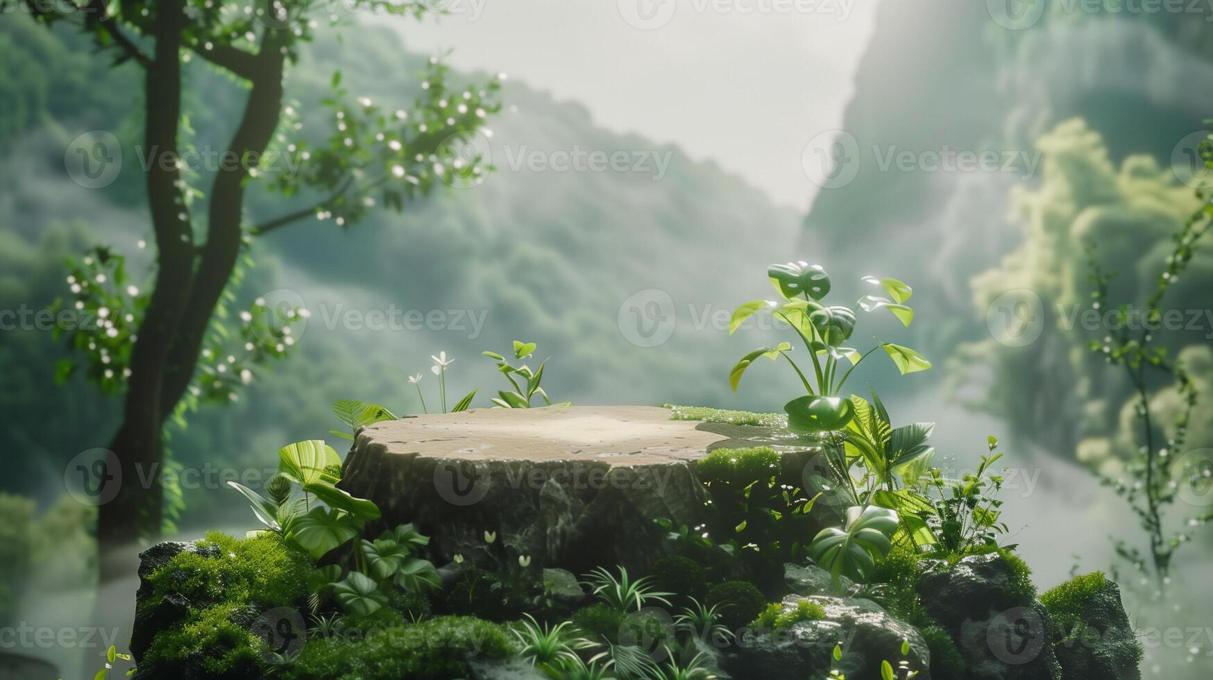 AI generated Rock podium for product showcase with Fantasy natural scene . photo