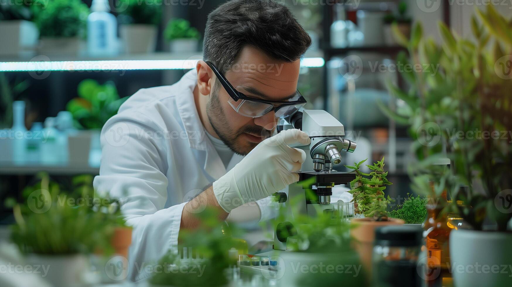 AI generated Scientist researching in lab ,experiment about plant based protein , alternative source of food . photo