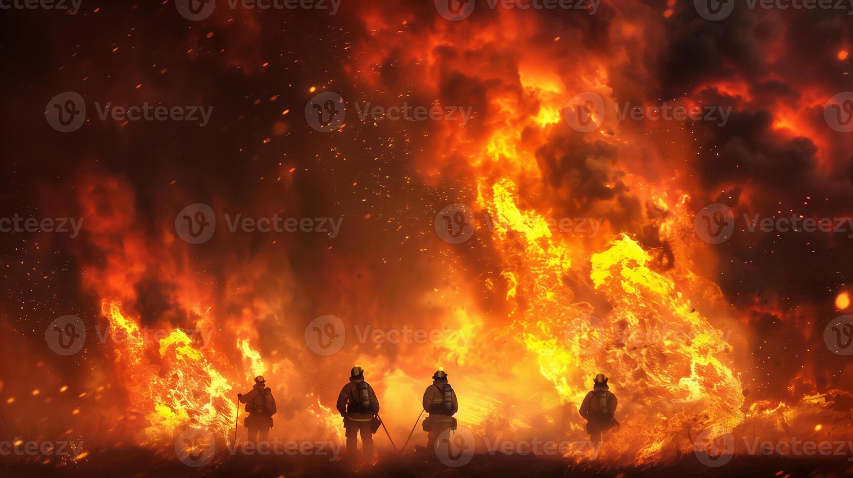 AI generated wildfire rescue team and firefighter in rescue operation .Searching for missing person ,help injured people . photo