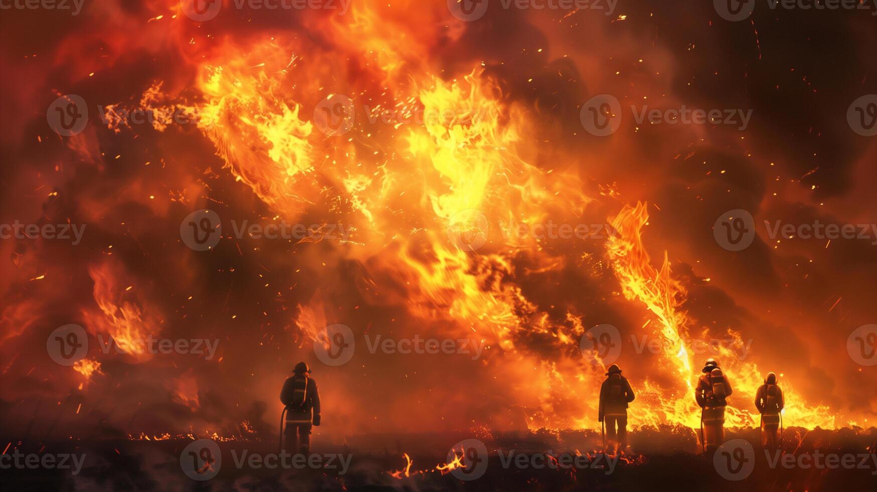 AI generated wildfire rescue team and firefighter in rescue operation .Searching for missing person ,help injured people . photo