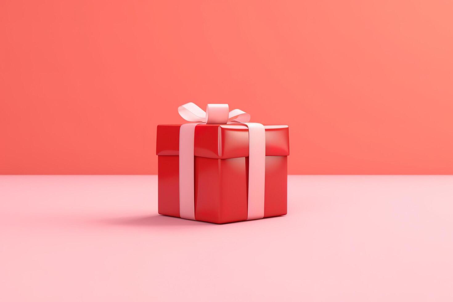 AI generated Small red present box with pink ribbon bow stands on pink-peach background. Valentine's Day, love gift concept. Happy Holidays or Shopping Sale. photo