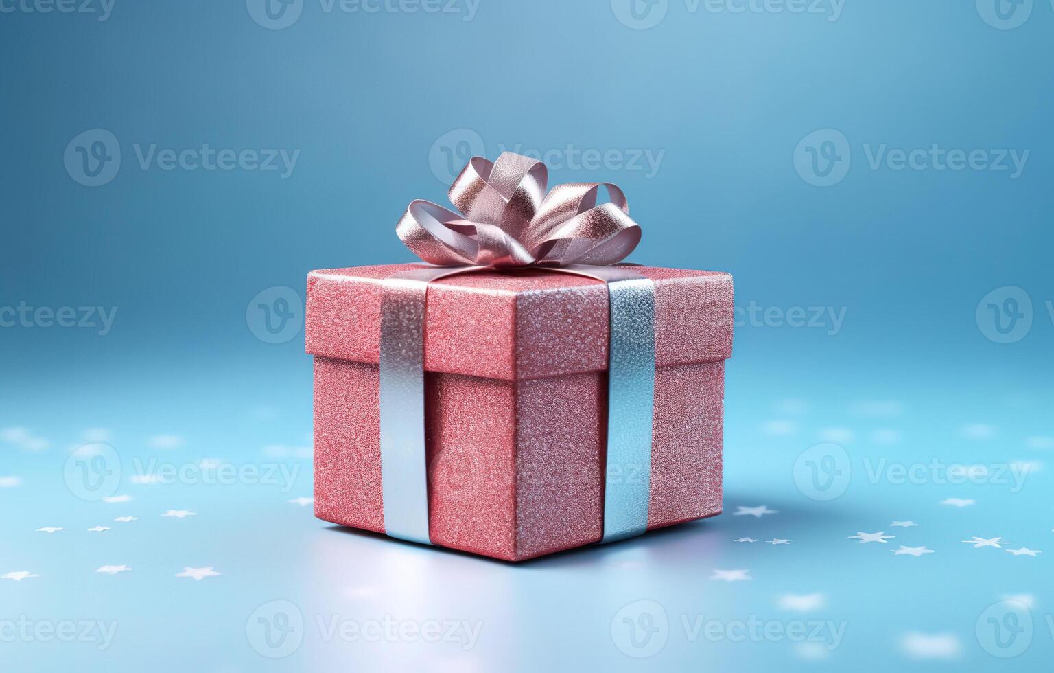 AI generated Present for Christmas and New Year holidays. Red gift box in glitter paper with shiny silver ribbon bow on top. Light blue background with white stars. photo