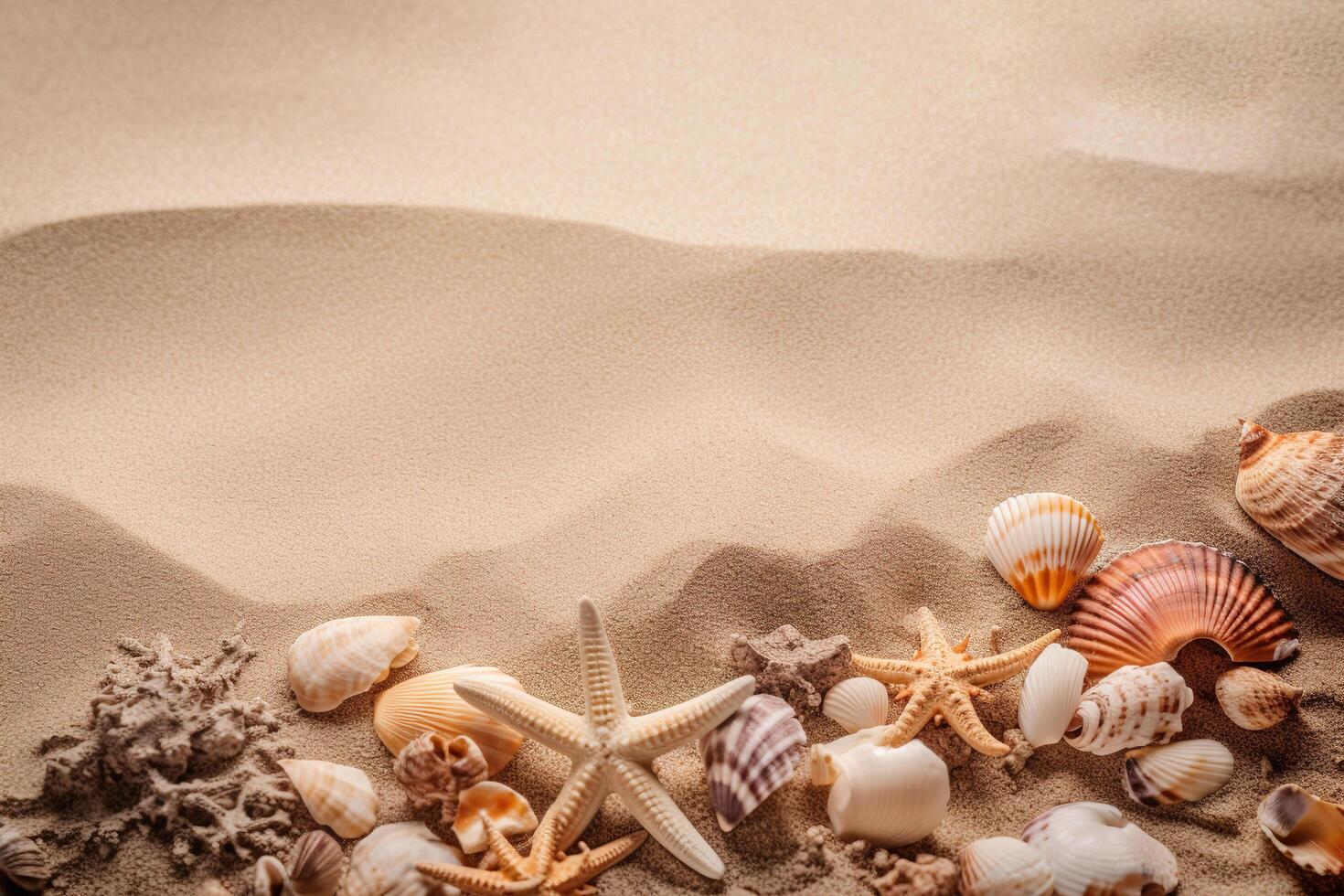 AI generated Greeting card for sea vacation memories, place for text in upper part of image. Seashells, starfish and dry seaweed on beige sand. Sea summer holidays concept. photo
