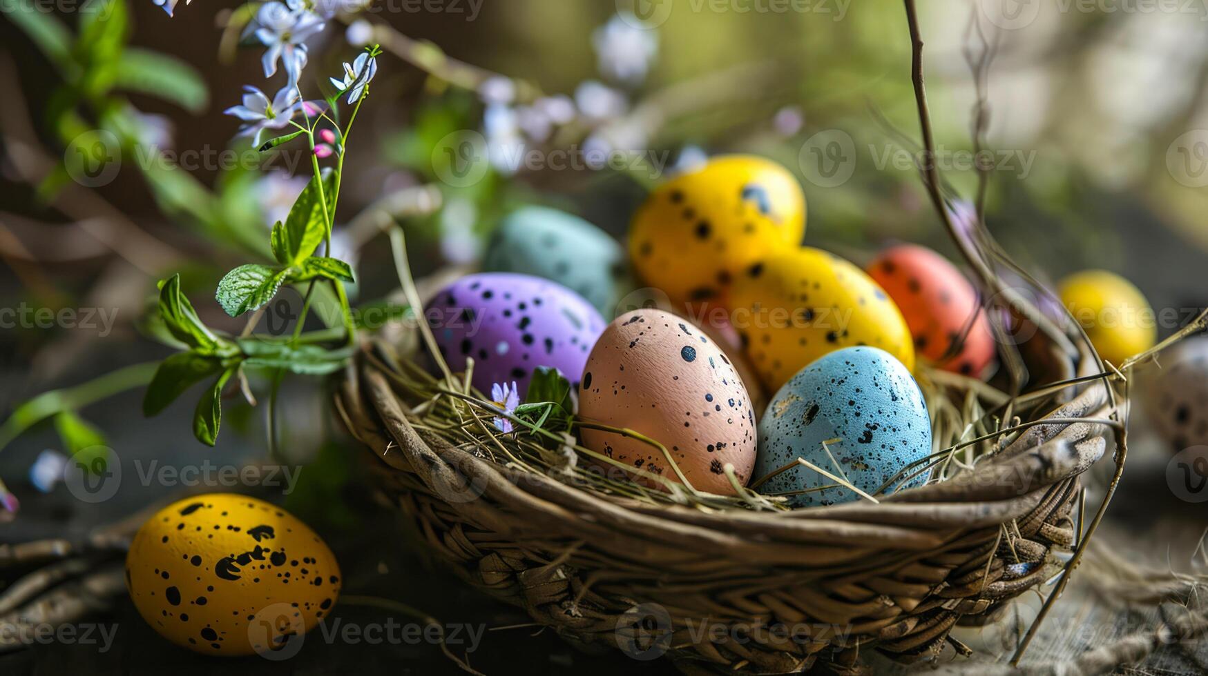 AI generated Colorful painted dotted easter eggs in wicker basket like bird nest standing on ground outdoors, green plants and violet small flowers around on background. Postcard for Easter holidays. photo