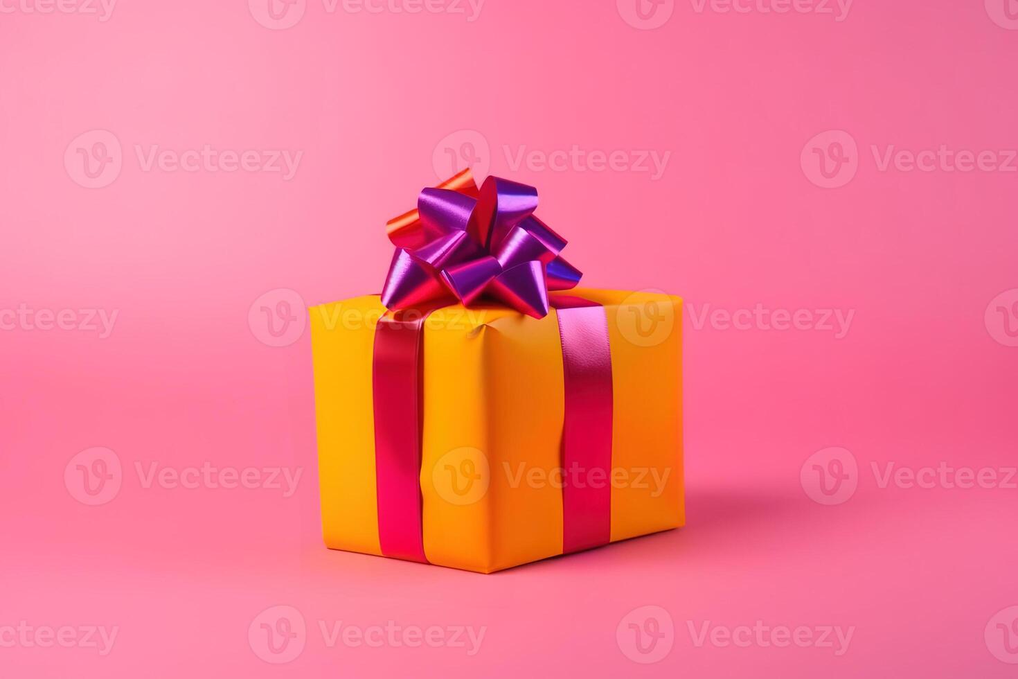 AI generated Gift box wrapped yellow paper with purple fuchsia color ribbon bow on top. Happy Birthday concept. Light pink solid background with copy space. photo