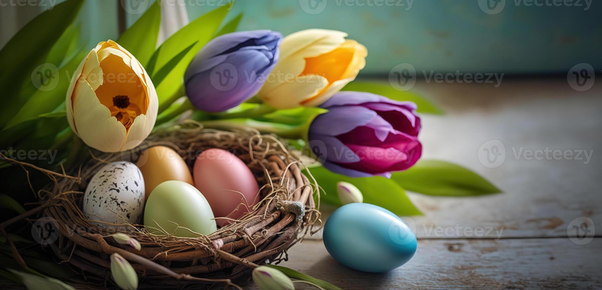 AI generated Easter banner with colorful easter eggs in bird nest and colorful tulips on wooden table. Greeting card for Easter holidays. Spring time. photo