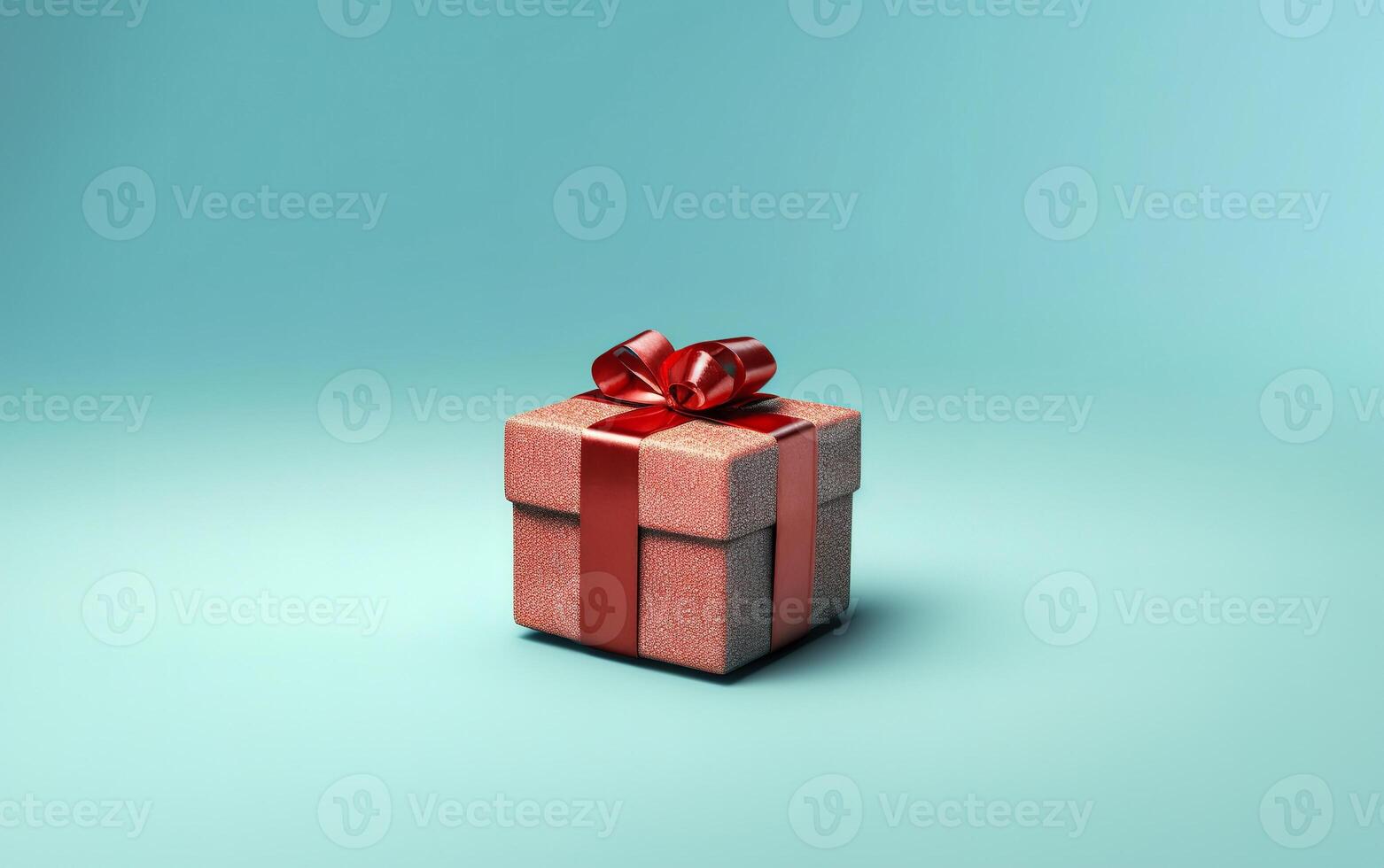 AI generated Small red present for Christmas and New Year holidays. Red gift box in glitter paper, red ribbon box on top. Light blue solid background with copy space. photo