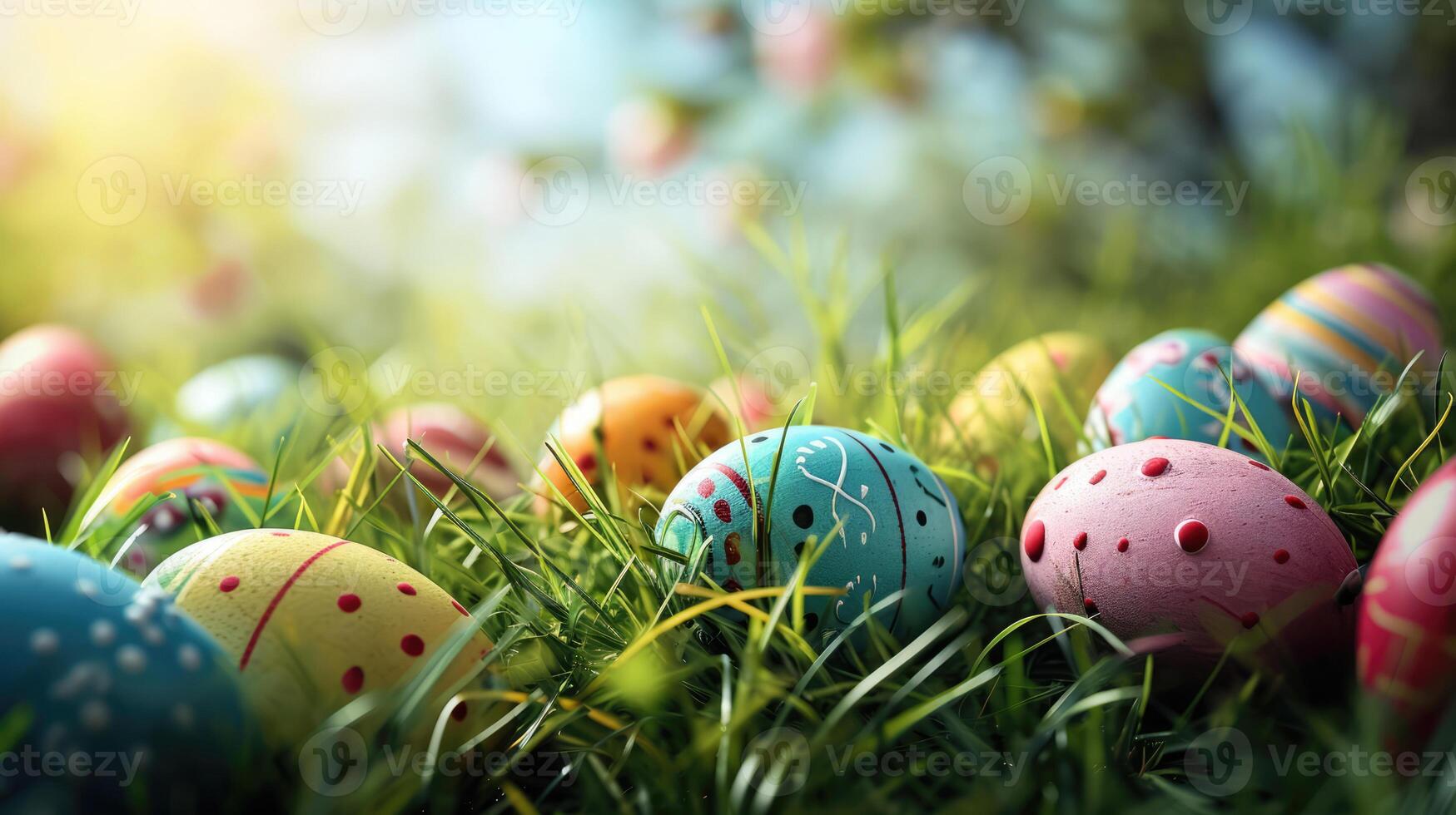 AI generated Colorful hand painted Easter eggs lying in green grass, hidden for Easter Egg Hunt tradition. Greeting card with copy space for Easter holidays. photo