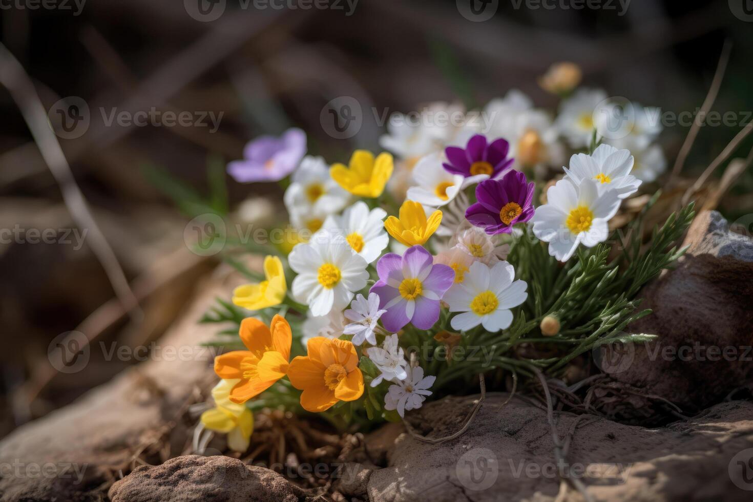 AI generated Beautiful colorful spring flowers outdoors on brown ground and stones. Nature background, early spring concept. Alpine flower bed in garden or forest. photo