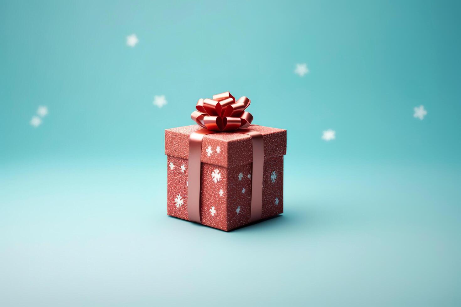 AI generated Small red present for Christmas and New Year holidays. Glittered red gift box with snowflakes, red ribbon box on top. Light blue background with white stars. photo