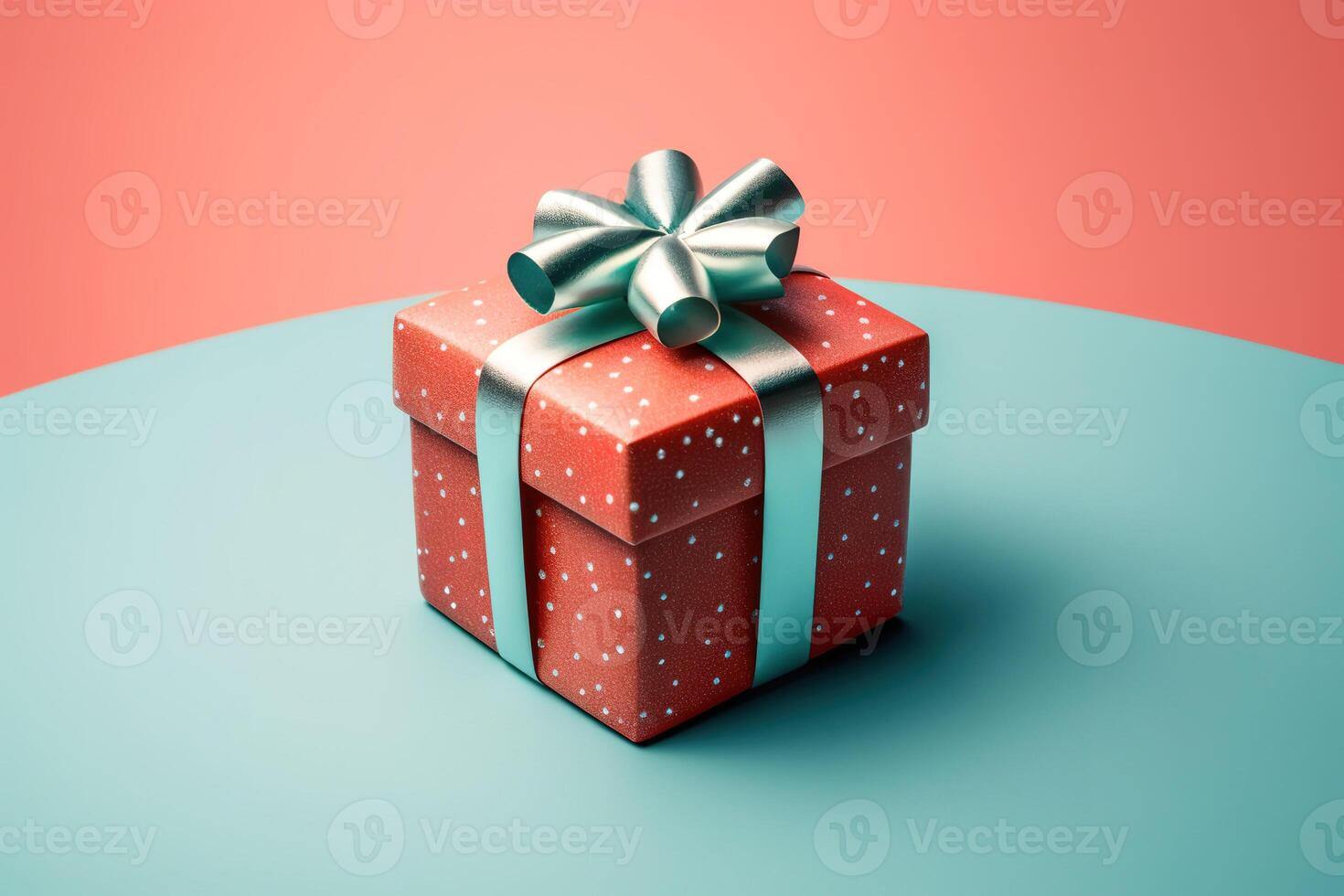 AI generated Red present box in white dotted and shiny silver ribbon bow on top. Light blue and red background. Gift for winter holidays. Happy Birthday concept. photo