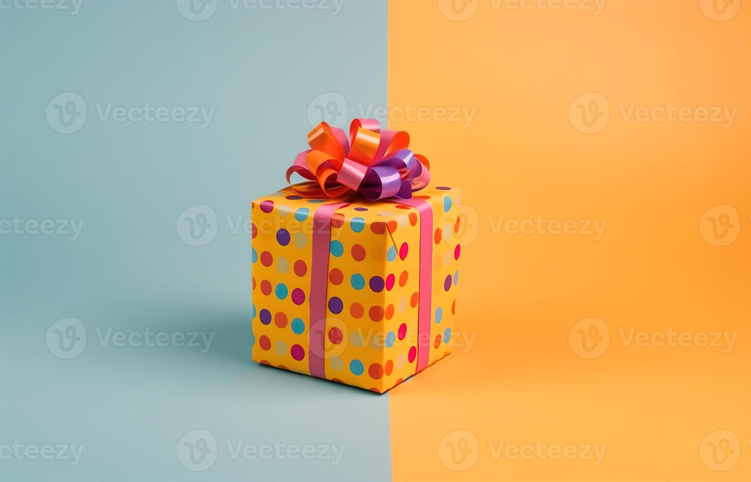 AI generated Present wrapped in yellow paper with colorful polka dot pattern. Pink ribbon and colorful bow on top of gift box. Happy Birthday concept. Blue and yellow background with copy space. photo