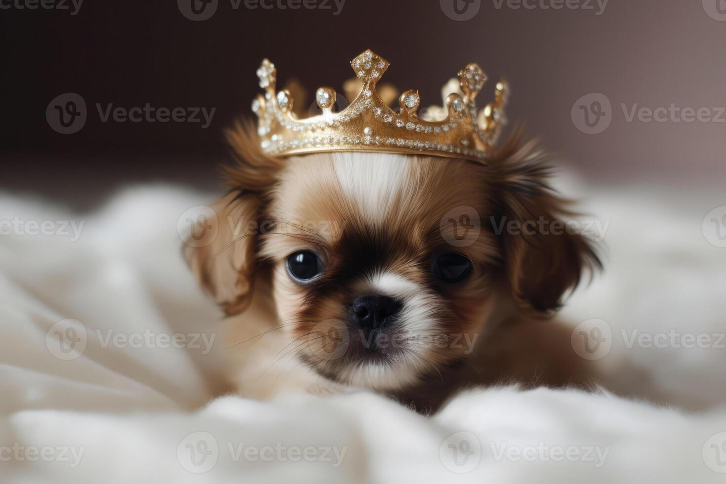 AI generated Little cute fluffy puppy wearing golden crown on her head, laying on the bed. Fashion beauty for pets. Royal pleasure. photo