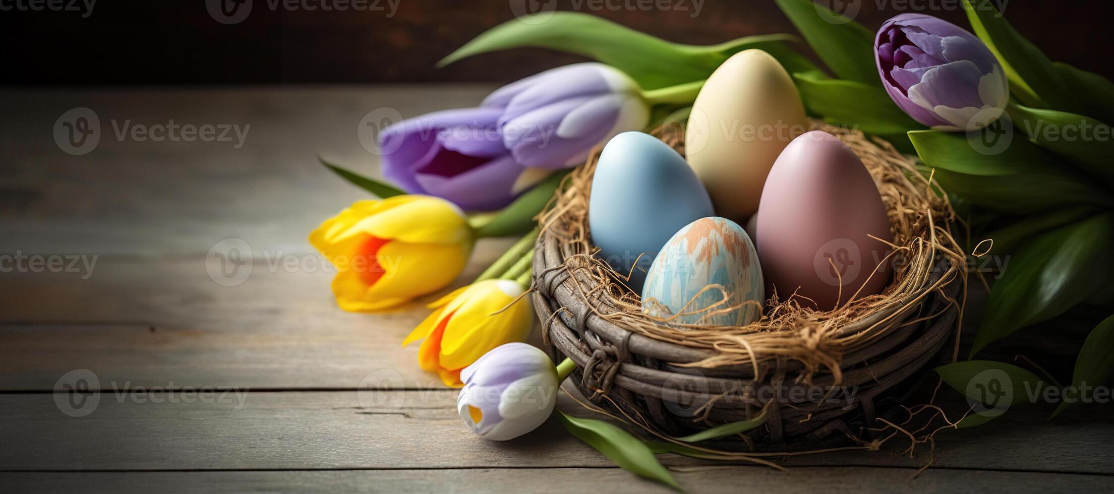 AI generated Easter long banner with place for text on the left. Colorful easter eggs in bird nest and colorful tulips on wooden table. Greeting card for Easter holidays. Spring time. photo