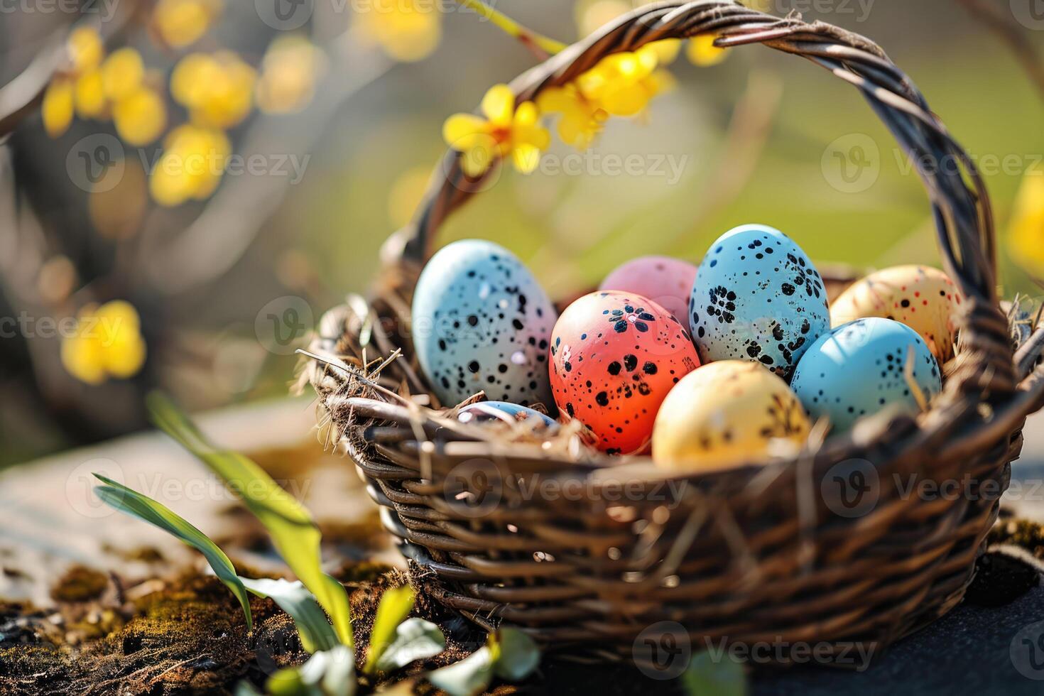 AI generated Wicker basket with colorful dotted painted chicken easter eggs standing on ground outdoors, nature background with yellow flowers. Greeting card for Easter holidays. photo