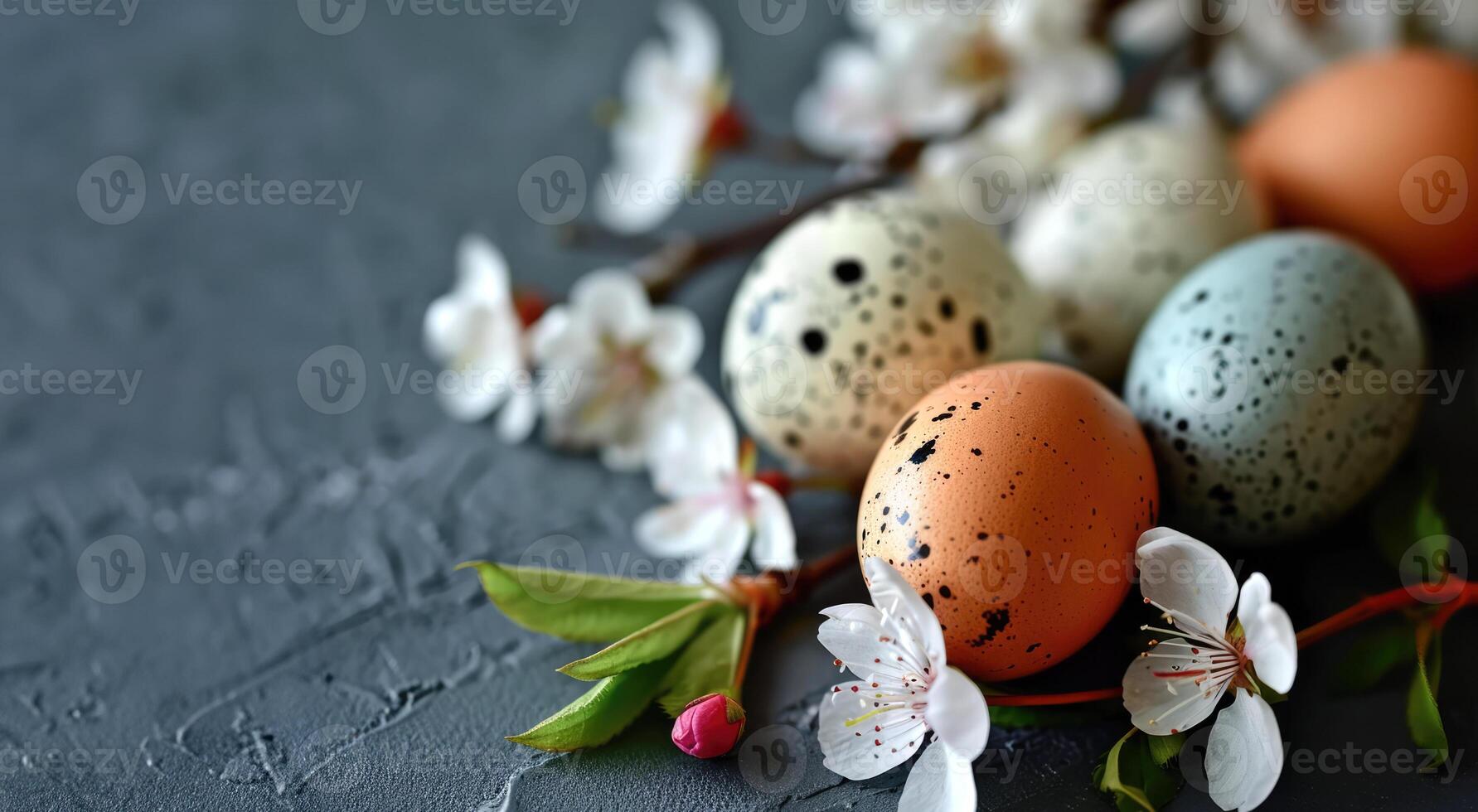 AI generated Pockmarked bird eggs with bloome sakura branches on gray painted background. Greeting card for Easter holidays with copy space. photo