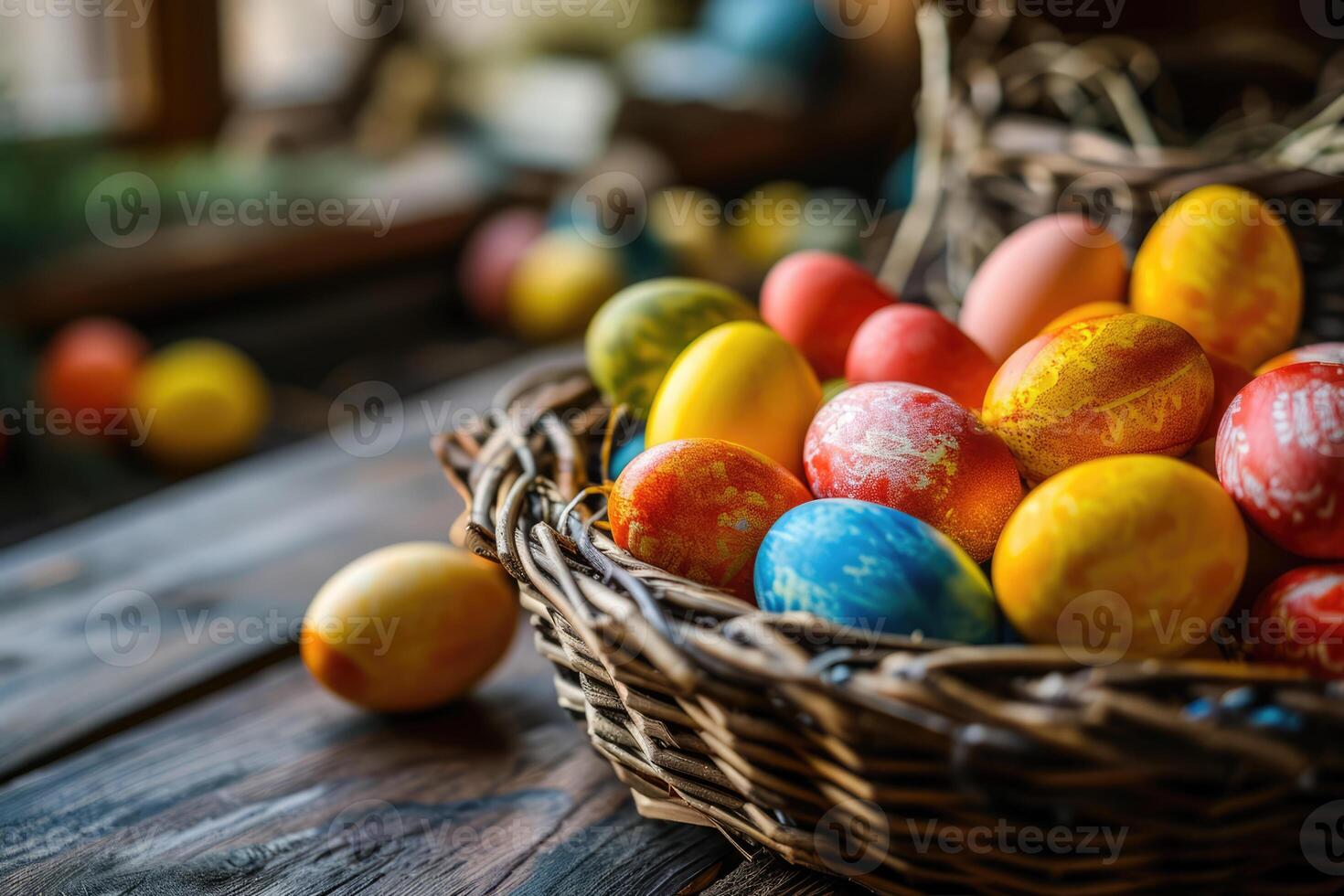 AI generated Colorful painted easter eggs in wicker basket on wooden table, blurred background with place for text. Greeting card for Easter holidays. photo