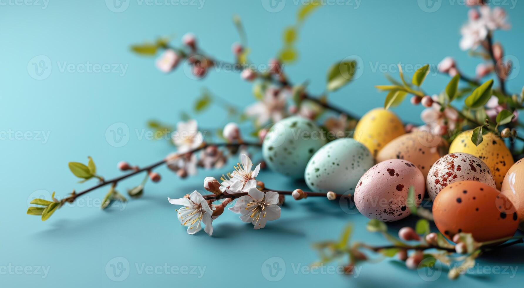 AI generated Colorful dotted painted pastel colors chicken easter eggs lying on solid light blue background with blooming sakura branches, pink flowers and green leaves. Easter holidays concept. photo