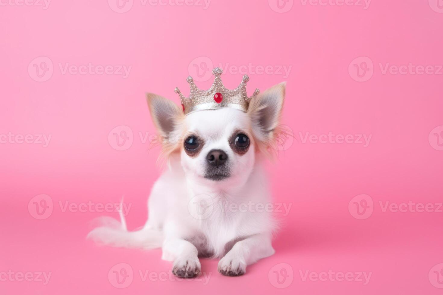 AI generated Fluffy white chihuahua dog wearing golden crown with rubies on her head, laying in center of pink solid background. Royal breed, queen dog. Fashion beauty for pets. photo