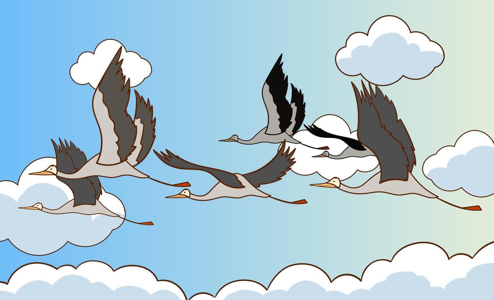 Illustration of migratory birds flying in cartoon style.vector illustration of migratory birds in the sky in nature landscape. vector