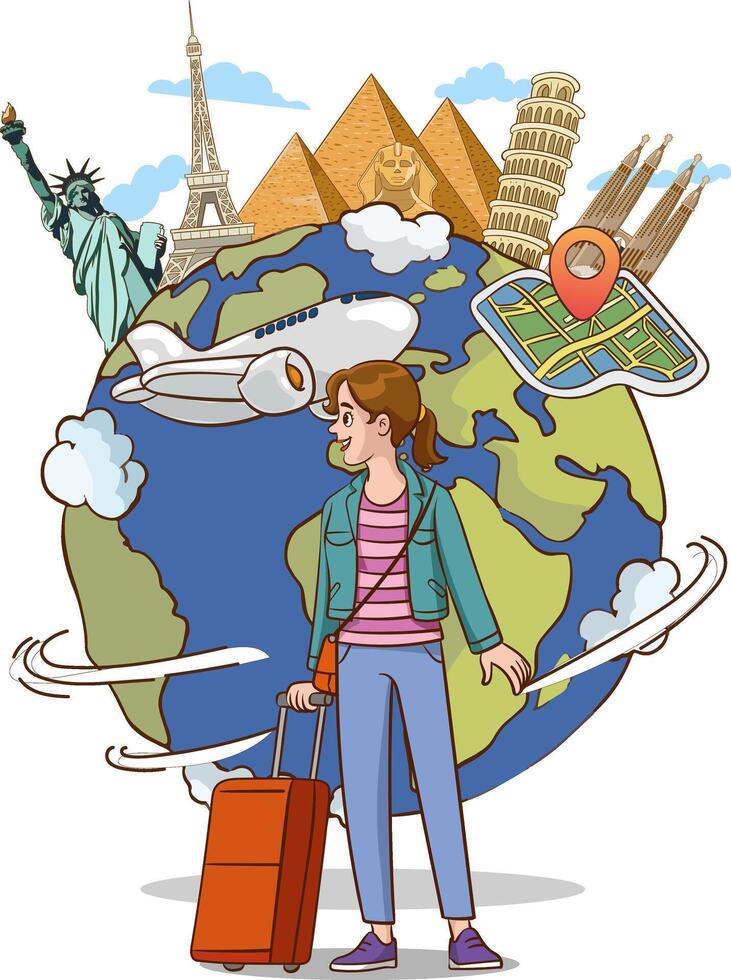 vector ilustración de joven mujer yendo en vacaciones