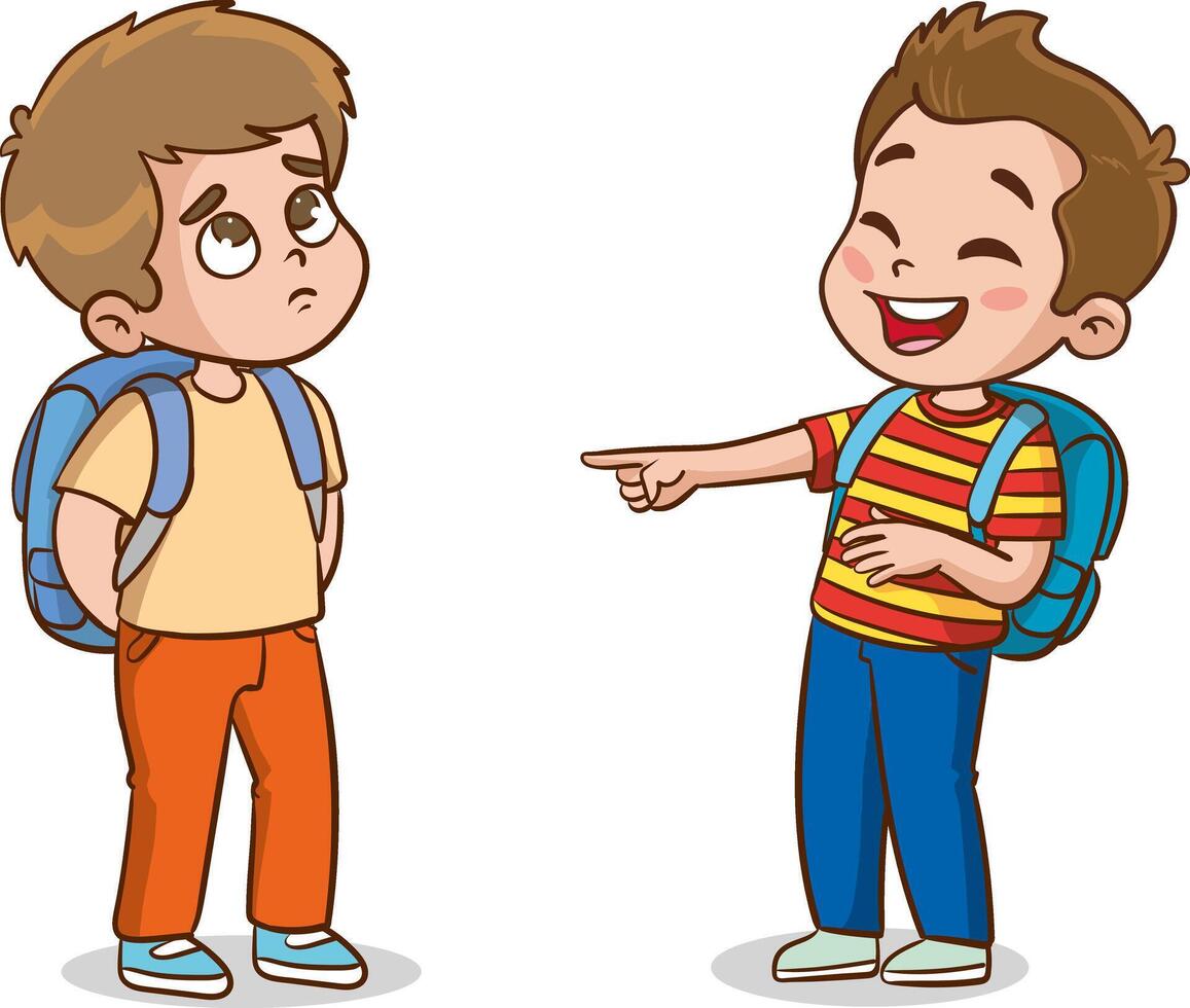 vector illustration of angry kids bullying their weak peers.Kids are being bullied. Verbal and physical social conflict between children, combat abuse, fighting and sarcastic classmate