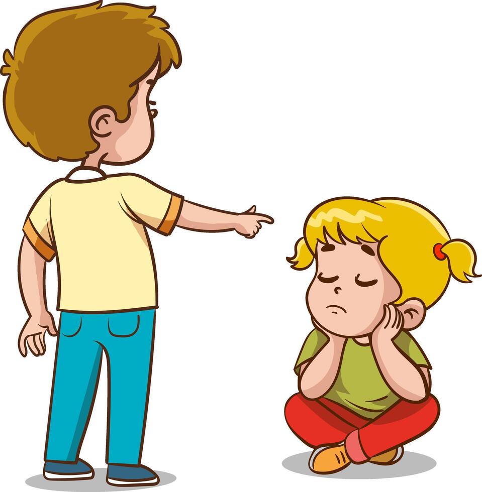 vector illustration of angry kids bullying their weak peers.Kids are being bullied. Verbal and physical social conflict between children, combat abuse, fighting and sarcastic classmate