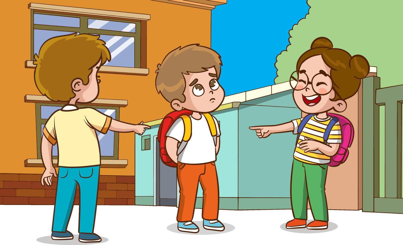 vector illustration of angry kids bullying their weak peers.Kids are being bullied. Verbal and physical social conflict between children, combat abuse, fighting and sarcastic classmate