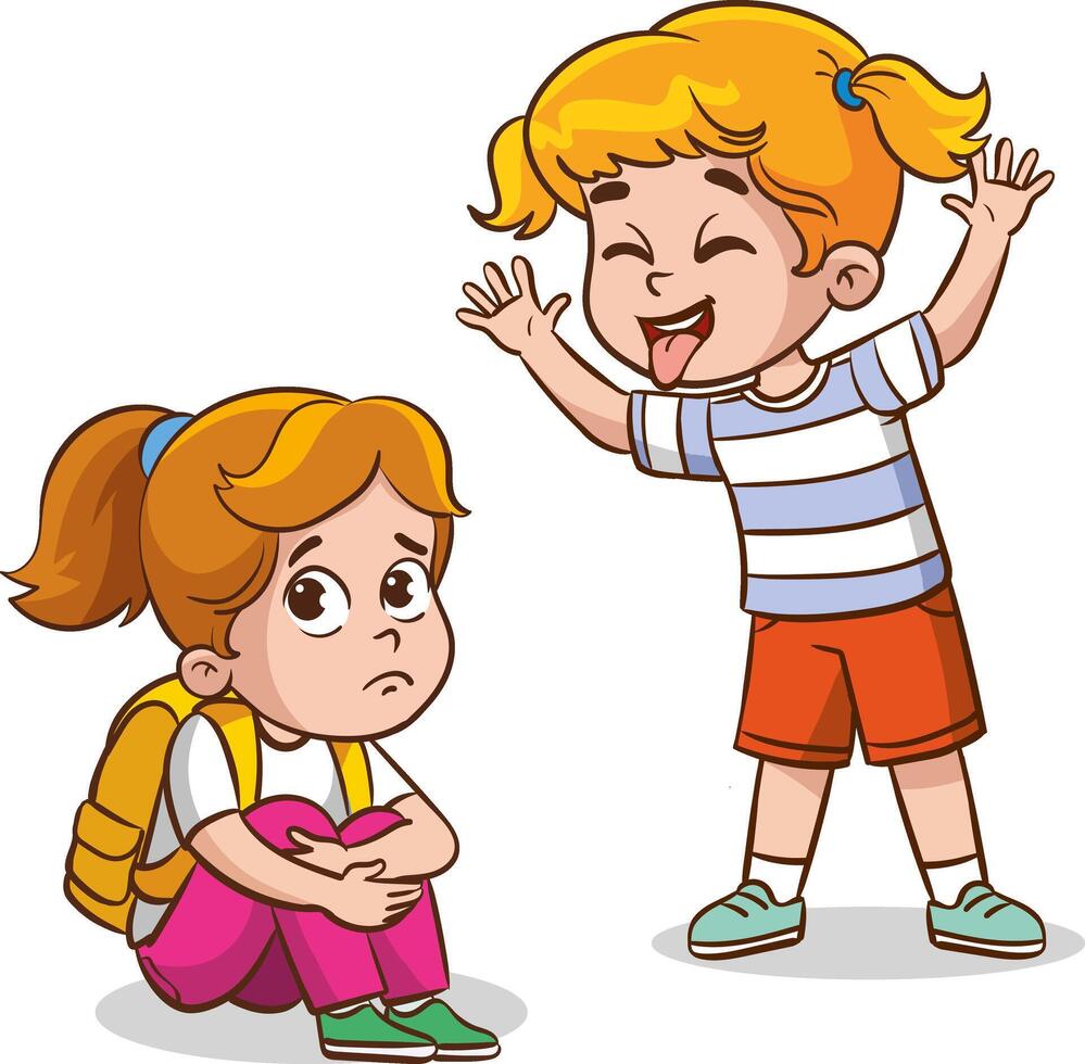 vector illustration of angry kids bullying their weak peers.Kids are being bullied. Verbal and physical social conflict between children, combat abuse, fighting and sarcastic classmate