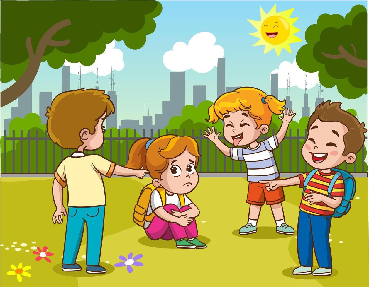 vector illustration of angry kids bullying their weak peers.Kids are being bullied. Verbal and physical social conflict between children, combat abuse, fighting and sarcastic classmate