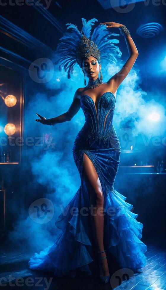 AI generated The woman dressed in a blue costume, with a long skirt and a feather headpiece. She is standing on a stage, surrounded by a blue smokey backdrop, generative AI photo