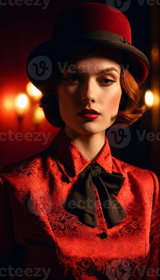 AI generated The woman in the image is wearing a red dress and a black hat, which is a classic and elegant choice for a costume.., generative AI photo